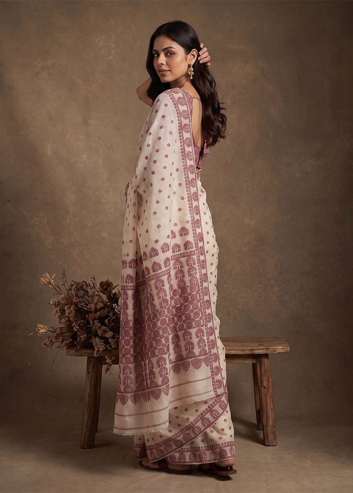 White Assam Silk Saree With Blouse Piece