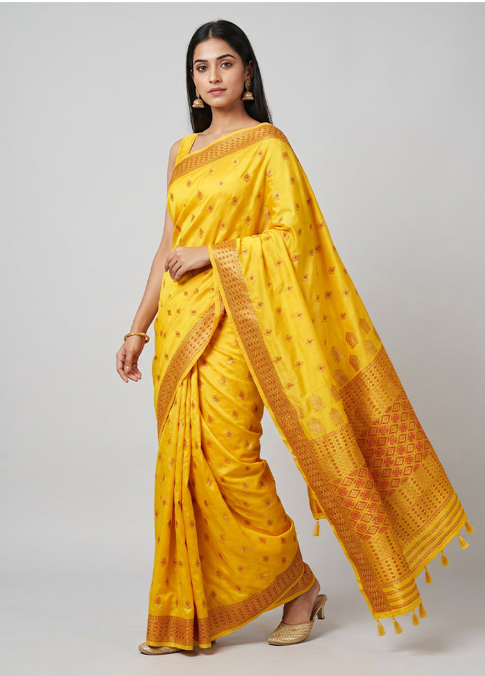 Yellow Assam Silk Saree With Blouse Piece