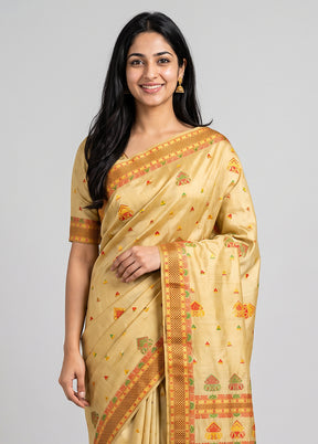 Cream Assam Silk Saree With Blouse Piece