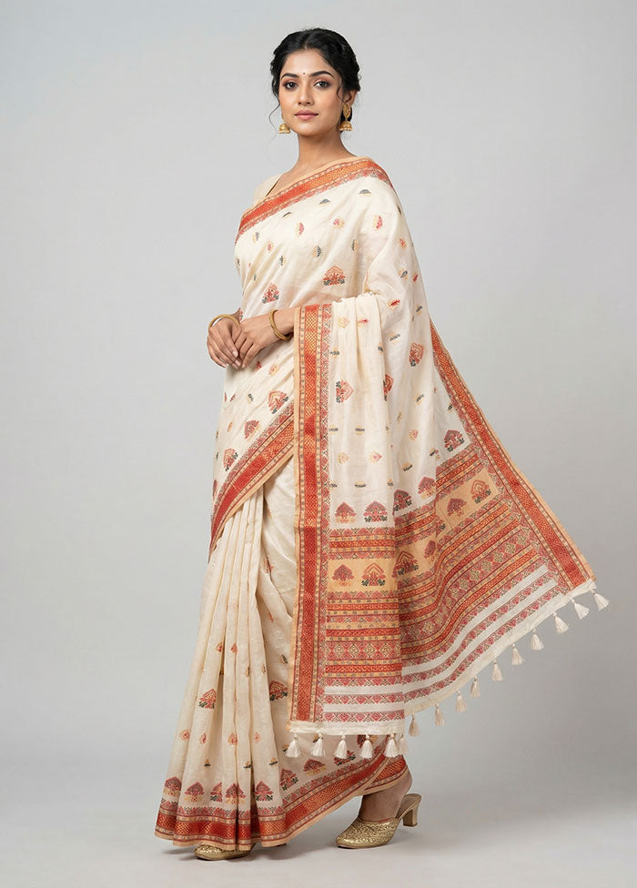 Cream Assam Silk Saree With Blouse Piece