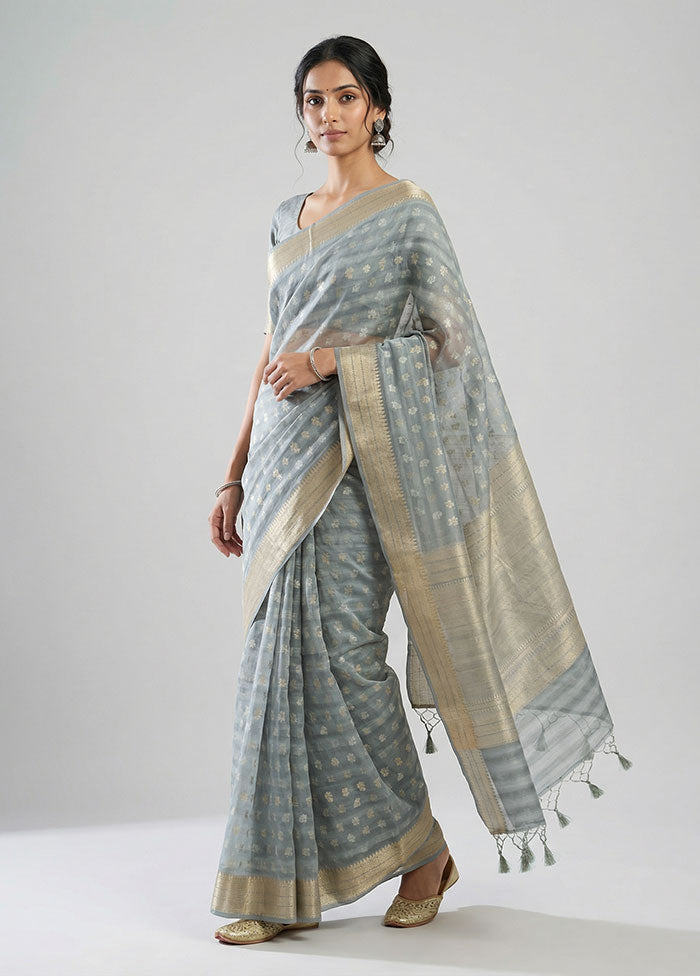 Grey Pure Cotton Saree With Blouse Piece