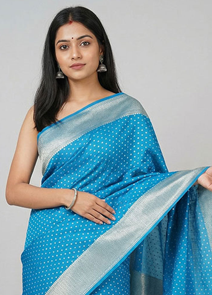 Blue Kora Silk Saree With Blouse Piece