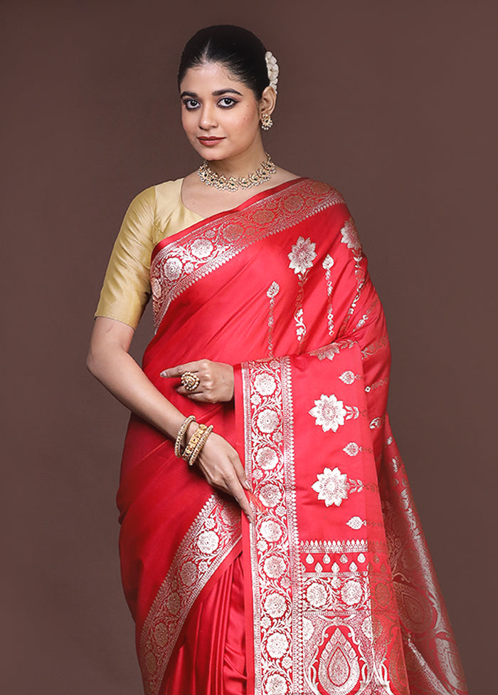 Red Banarasi Silk Saree With Blouse Piece