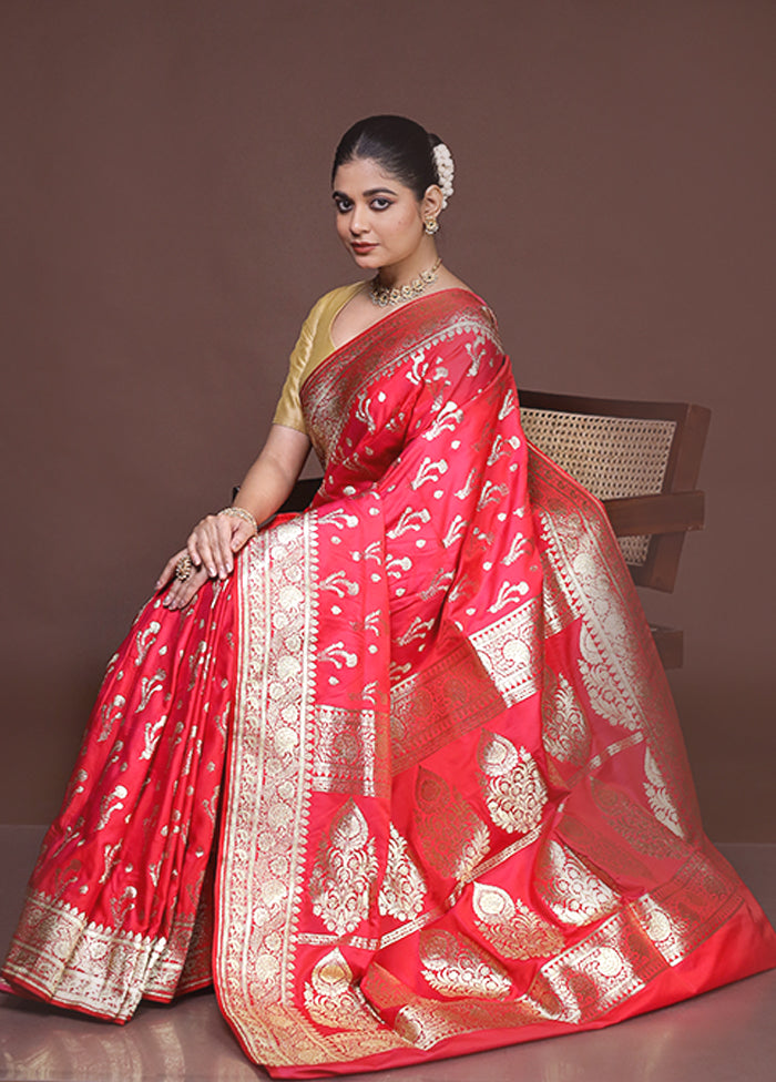 Red Banarasi Silk Saree With Blouse Piece