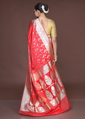 Red Banarasi Silk Saree With Blouse Piece