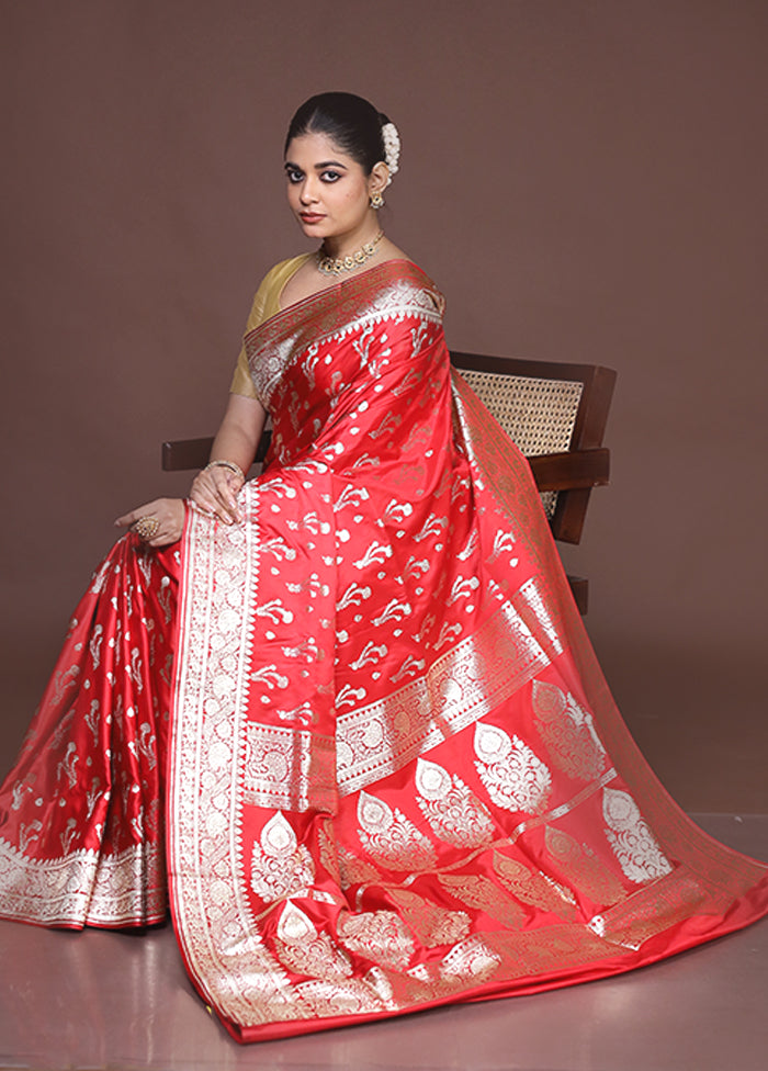 Red Banarasi Silk Saree With Blouse Piece