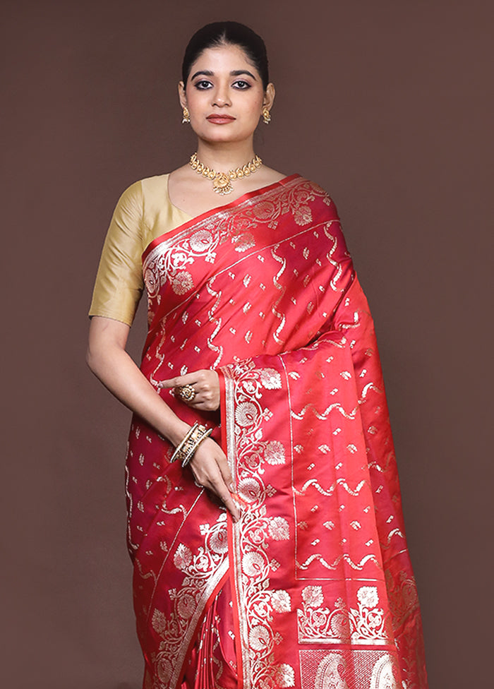 Red Banarasi Silk Saree With Blouse Piece