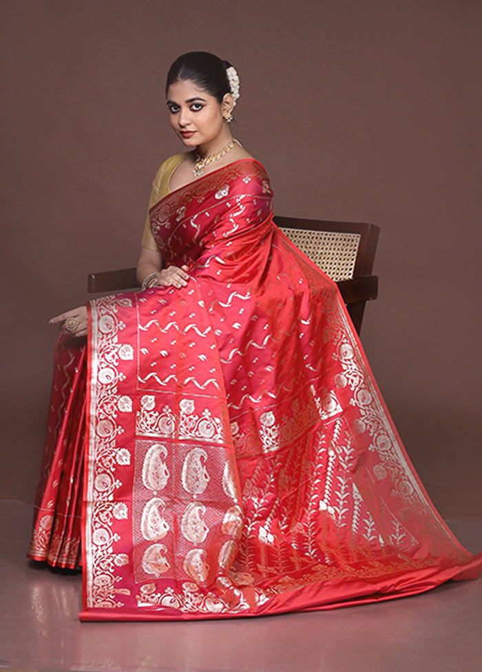 Red Banarasi Silk Saree With Blouse Piece