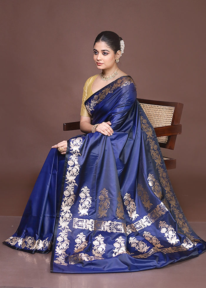 Blue Banarasi Silk Saree With Blouse Piece
