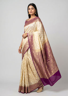 Cream Banarasi Silk Saree With Blouse Piece