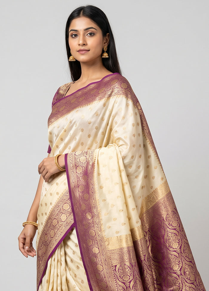 Cream Banarasi Silk Saree With Blouse Piece