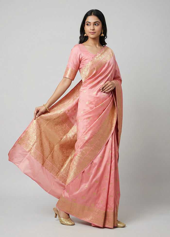 Pink Banarasi Silk Saree With Blouse Piece
