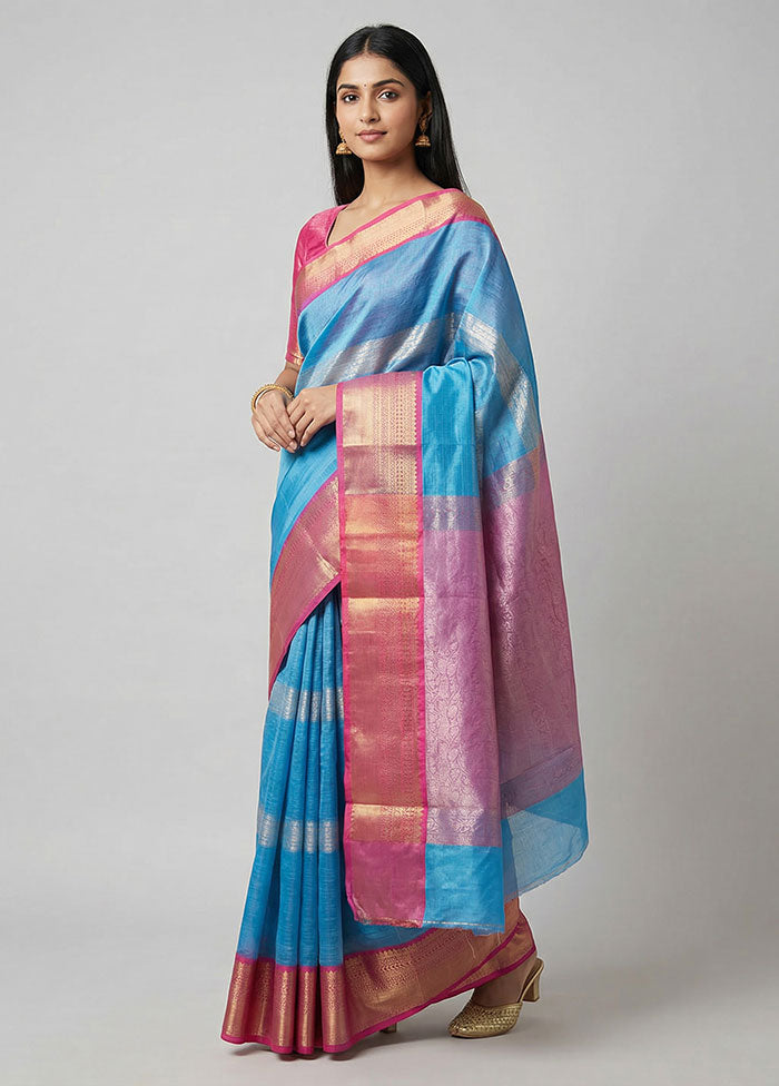 Blue Tissue Silk Saree With Blouse Piece