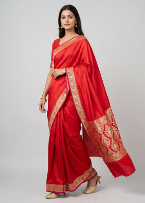 Red Katan Silk Saree With Blouse Piece