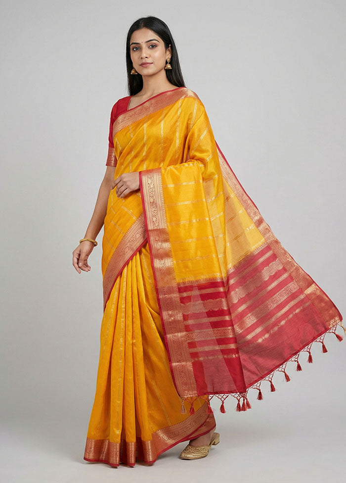 Yellow Dupion Silk Saree With Blouse Piece