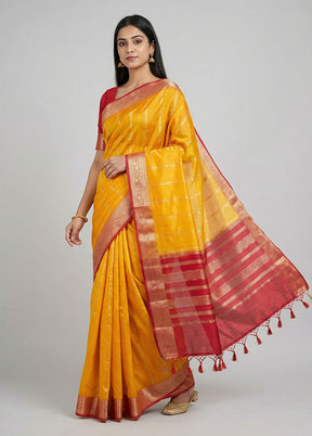 Yellow Dupion Silk Saree With Blouse Piece