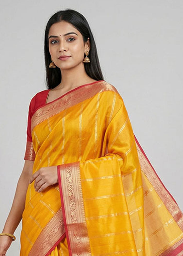 Yellow Dupion Silk Saree With Blouse Piece