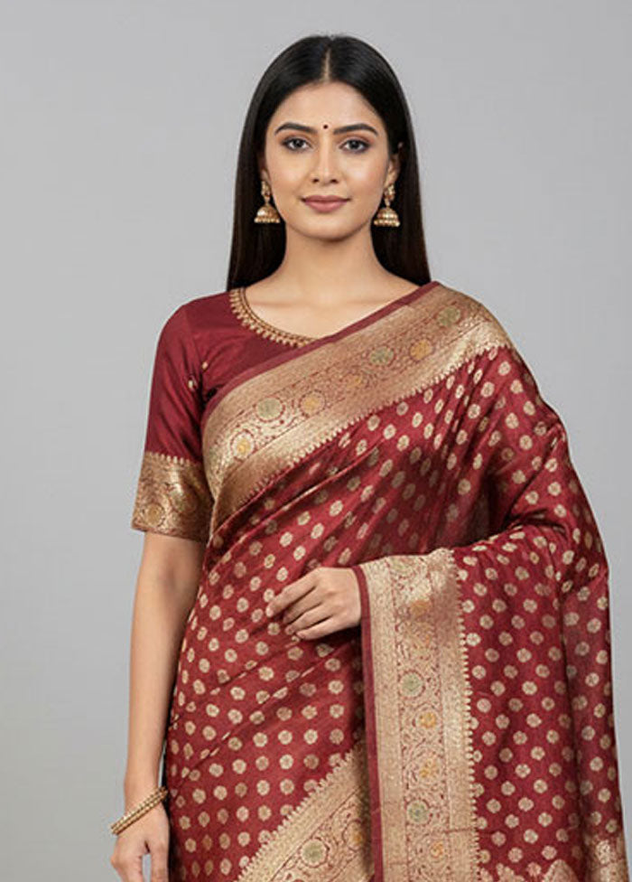 Maroon Banarasi Silk Saree With Blouse Piece