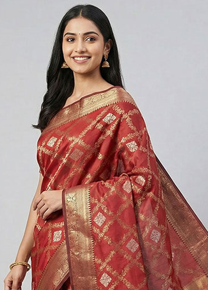 Maroon Kora Silk Saree With Blouse Piece