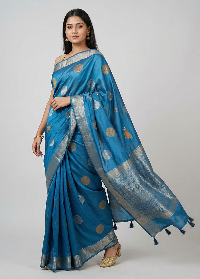 Blue Kora Silk Saree With Blouse Piece