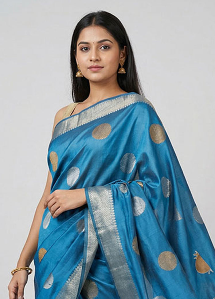 Blue Kora Silk Saree With Blouse Piece