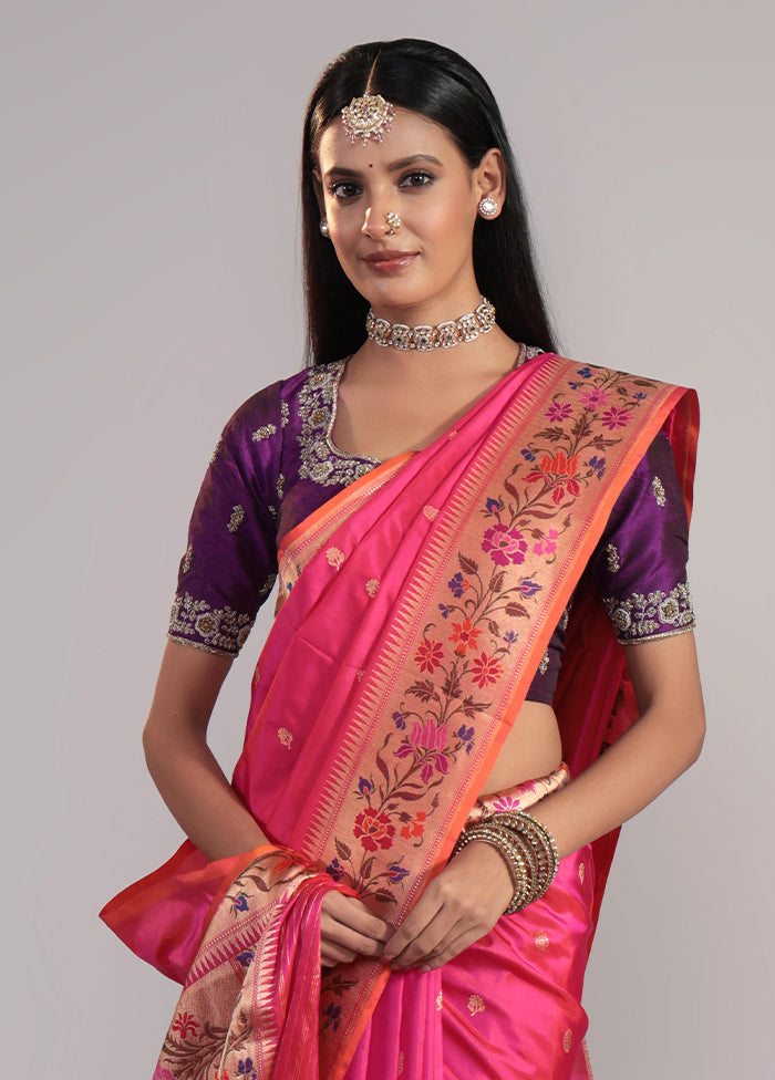 Pink Handloom Katan Pure Silk Saree With Blouse Piece
