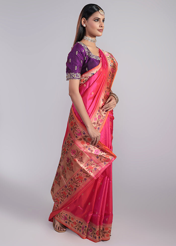 Pink Handloom Katan Pure Silk Saree With Blouse Piece