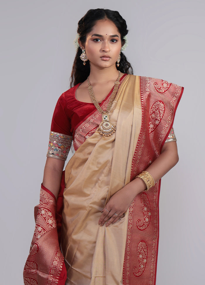 Cream Handloom Katan Pure Silk Saree With Blouse Piece