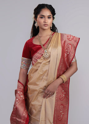 Cream Handloom Katan Pure Silk Saree With Blouse Piece