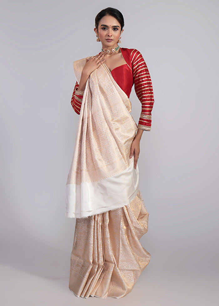 Cream Handloom Katan Pure Silk Saree With Blouse Piece