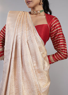 Cream Handloom Katan Pure Silk Saree With Blouse Piece