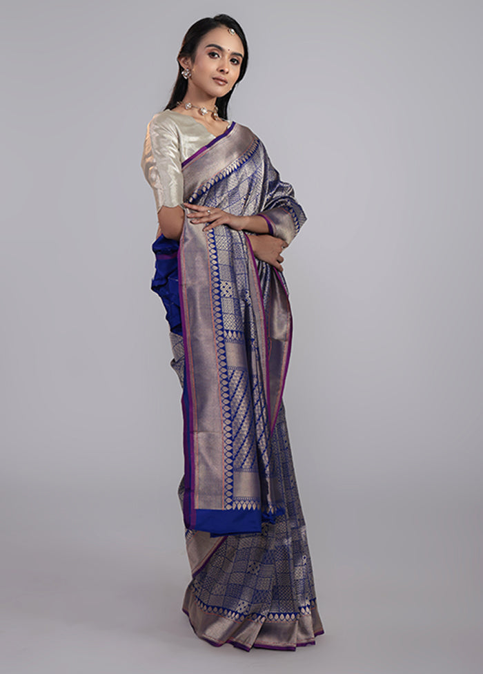Blue Handloom Katan Pure Silk Saree With Blouse Piece