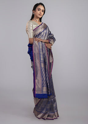 Blue Handloom Katan Pure Silk Saree With Blouse Piece