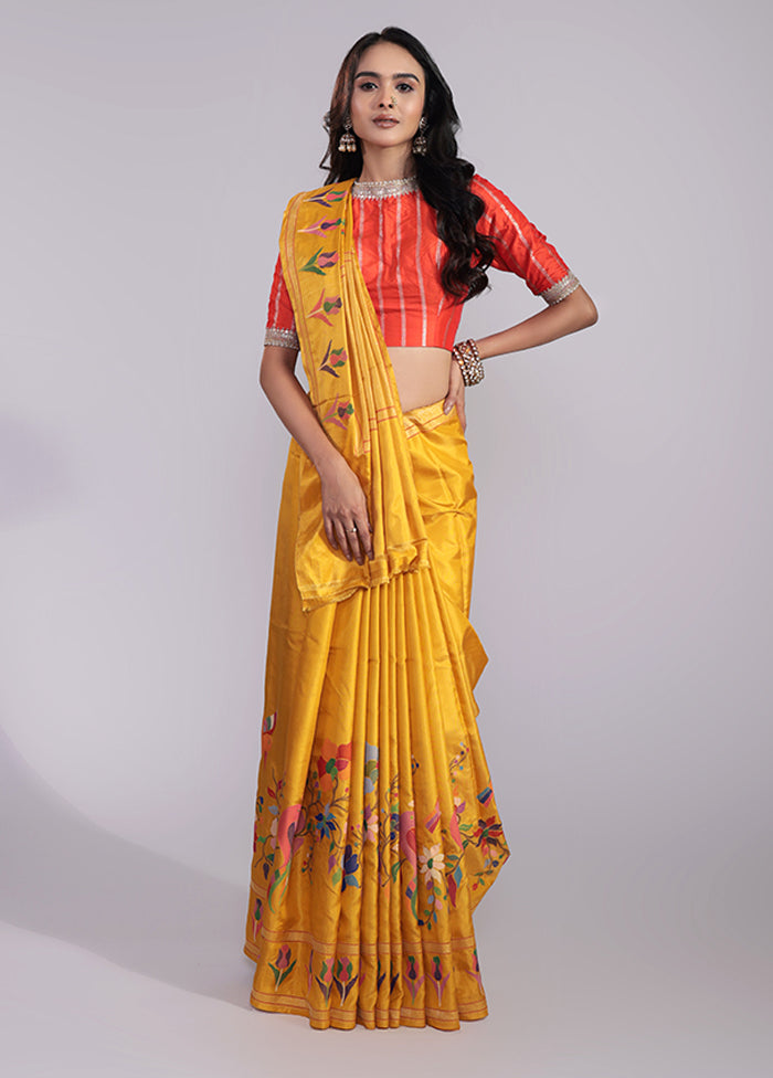 Yellow Handloom Katan Pure Silk Saree With Blouse Piece