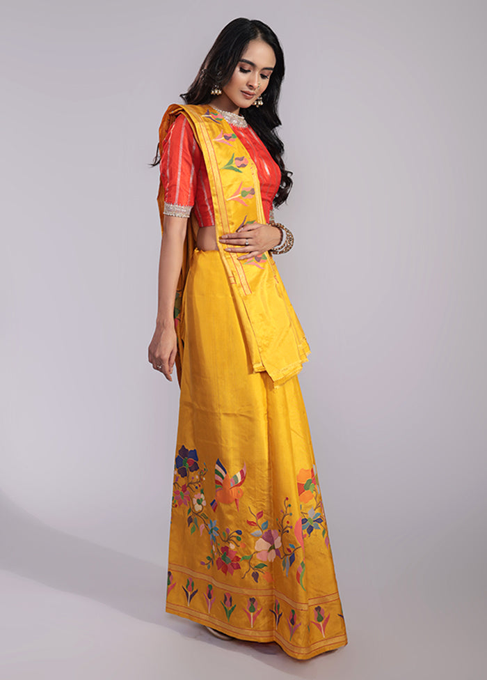 Yellow Handloom Katan Pure Silk Saree With Blouse Piece