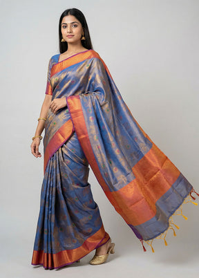 Blue Dupion Silk Saree With Blouse Piece