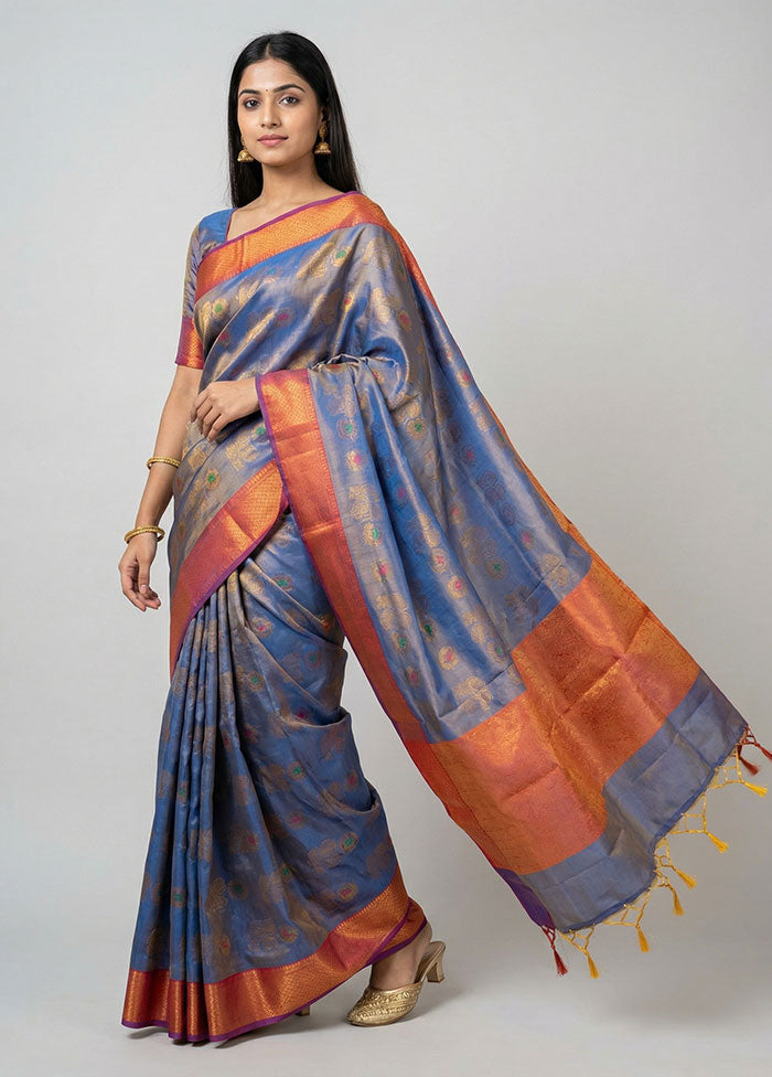 Blue Dupion Silk Saree With Blouse Piece