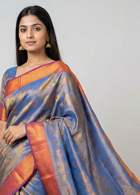 Blue Dupion Silk Saree With Blouse Piece