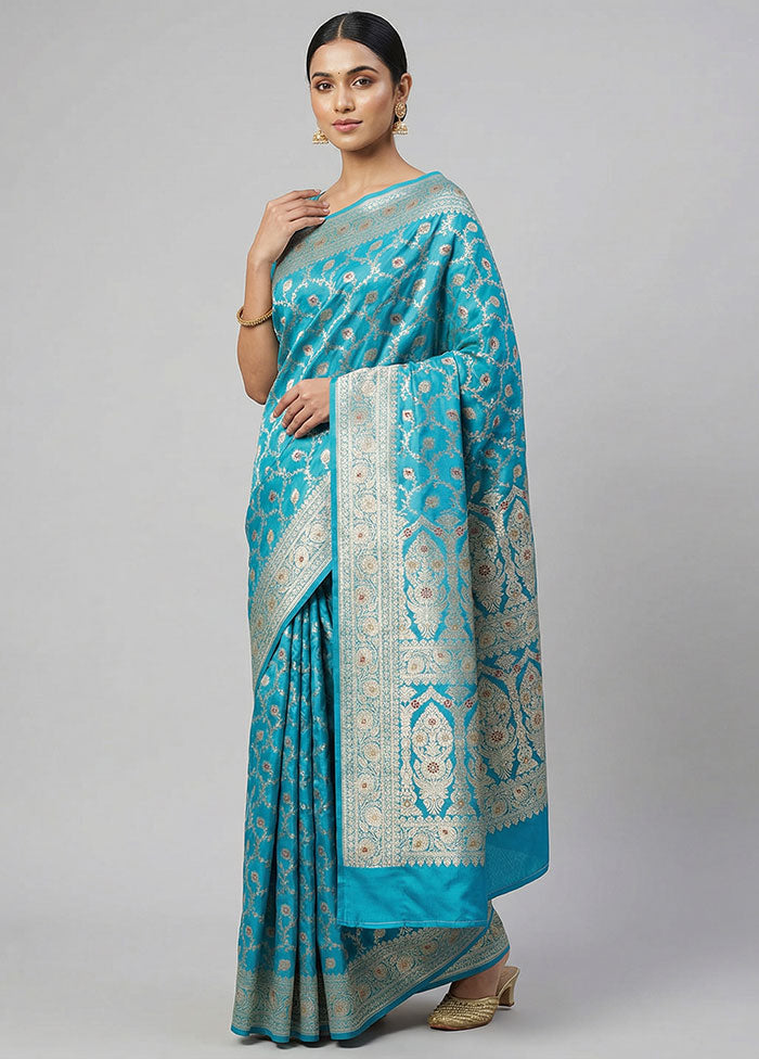 Blue Banarasi Silk Saree With Blouse Piece