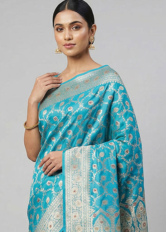 Blue Banarasi Silk Saree With Blouse Piece