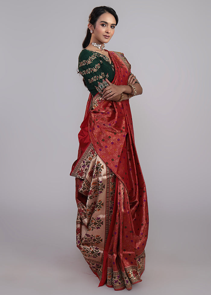 Red Handloom Katan Pure Silk Saree With Blouse Piece