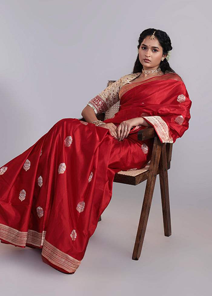 Red Handloom Katan Pure Silk Saree With Blouse Piece