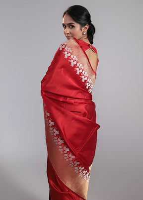 Maroon Handloom Katan Pure Silk Saree With Blouse Piece