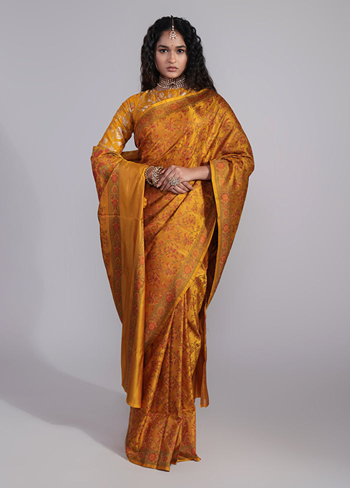 Yellow Handloom Jamewar Pure Silk Saree With Blouse Piece