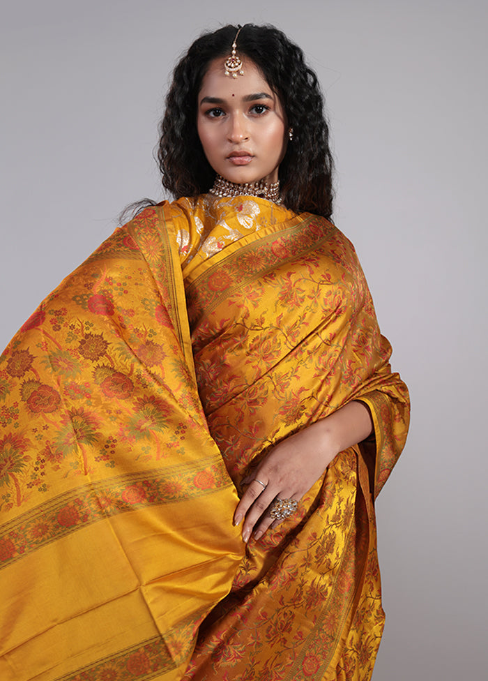 Yellow Handloom Jamewar Pure Silk Saree With Blouse Piece