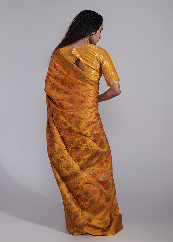 Yellow Handloom Jamewar Pure Silk Saree With Blouse Piece