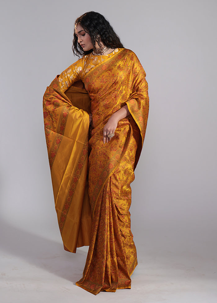 Yellow Handloom Jamewar Pure Silk Saree With Blouse Piece