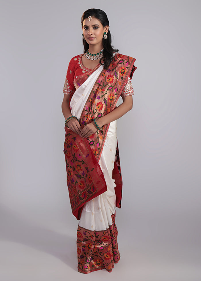 White Handloom Katan Pure Silk Saree With Blouse Piece