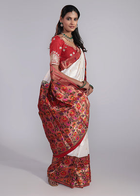 White Handloom Katan Pure Silk Saree With Blouse Piece