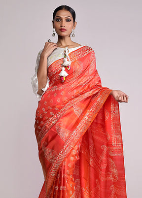 Orange Printed Silk Saree Without Blouse Piece
